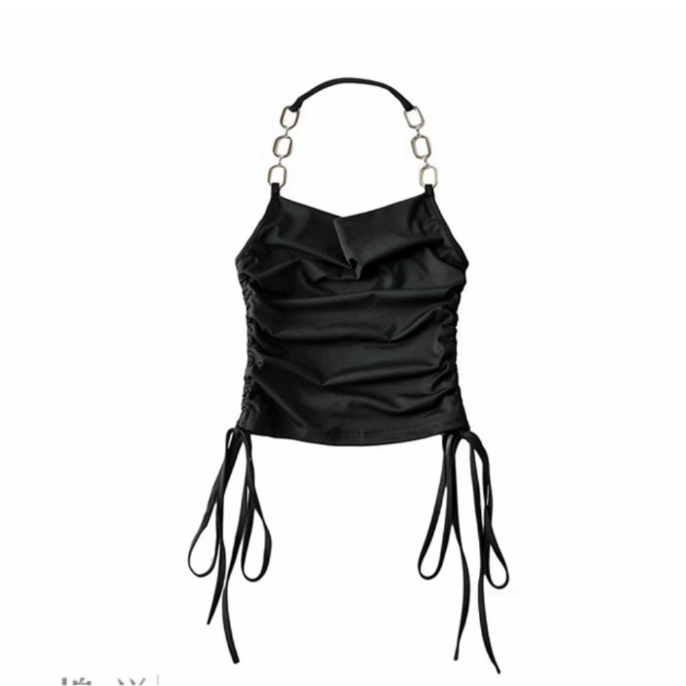 Sexy chain halter pleated black camisole